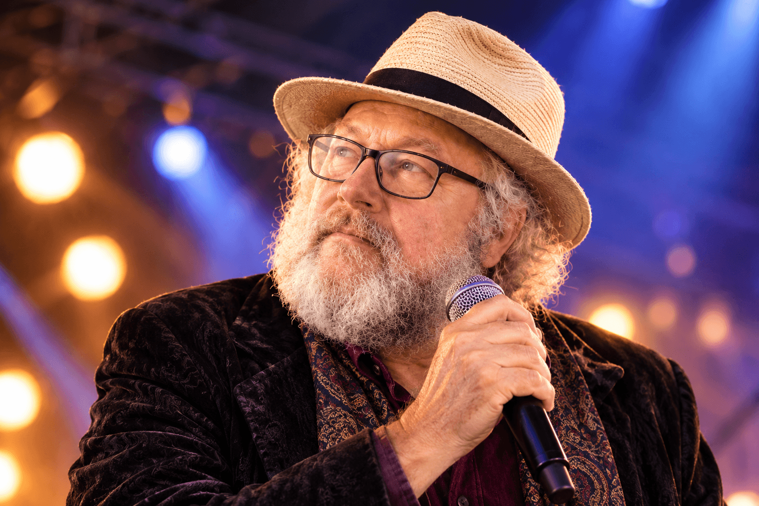 Kalman singing into a microphone on a stage with warm and blue lights
