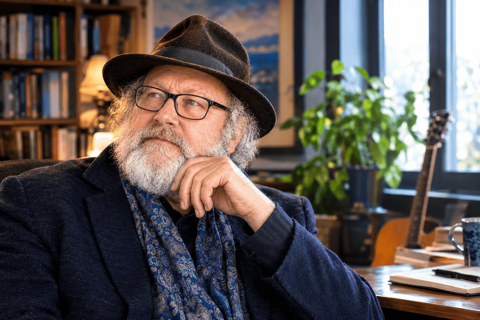Dr. Waldman resting his chin on his hand in his study, with books and a guitar behind him